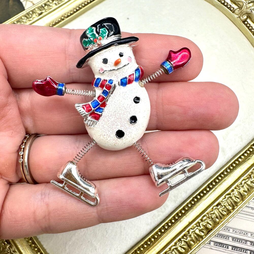Vintage Skating Snoman Brooch Winter Pin